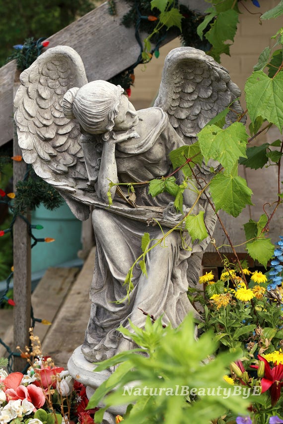 angel statue print stone garden statue flower photography Etsy