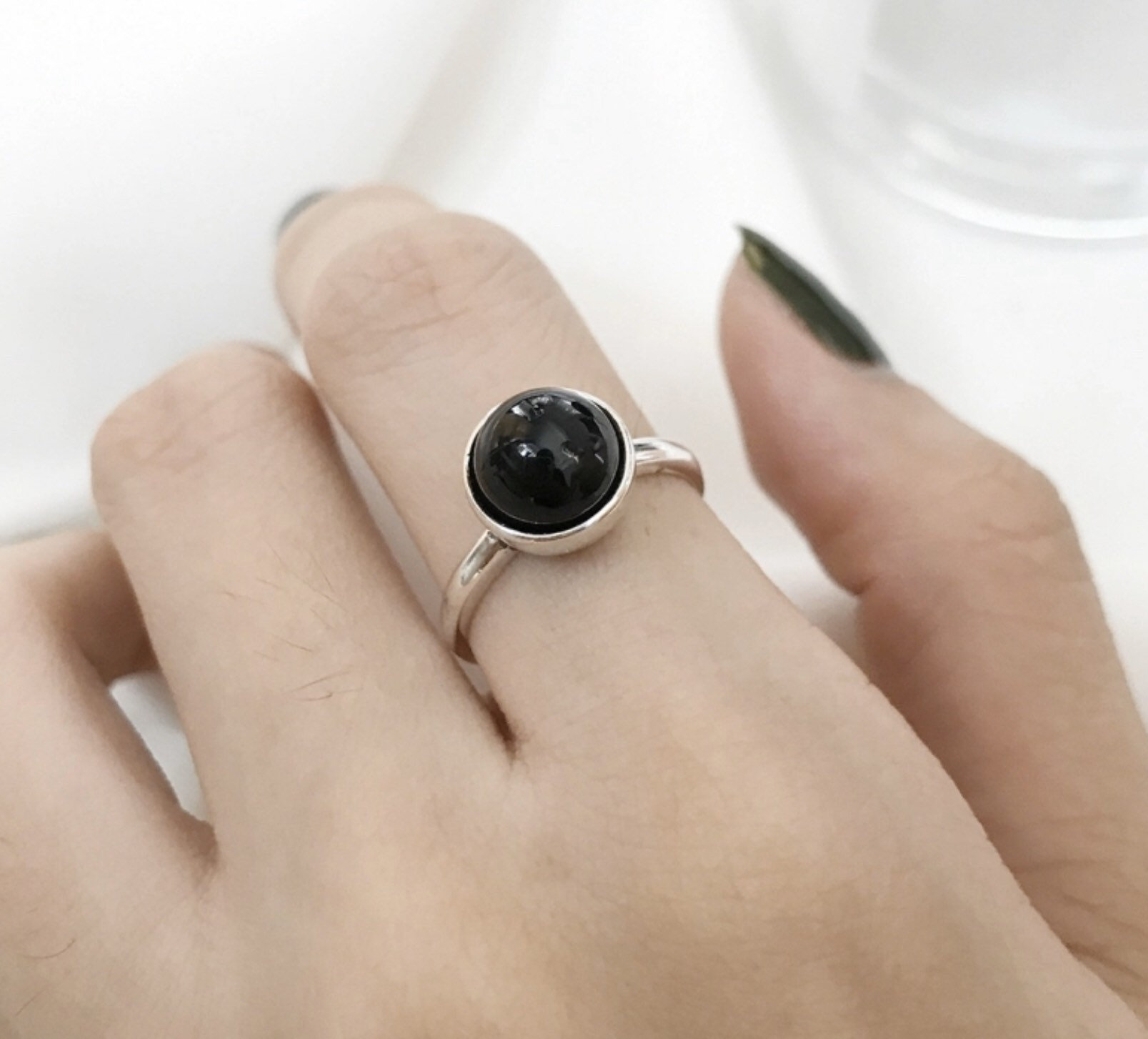 Black Agate Gemstone Ring Agate Sterling Silver Ring Etsy