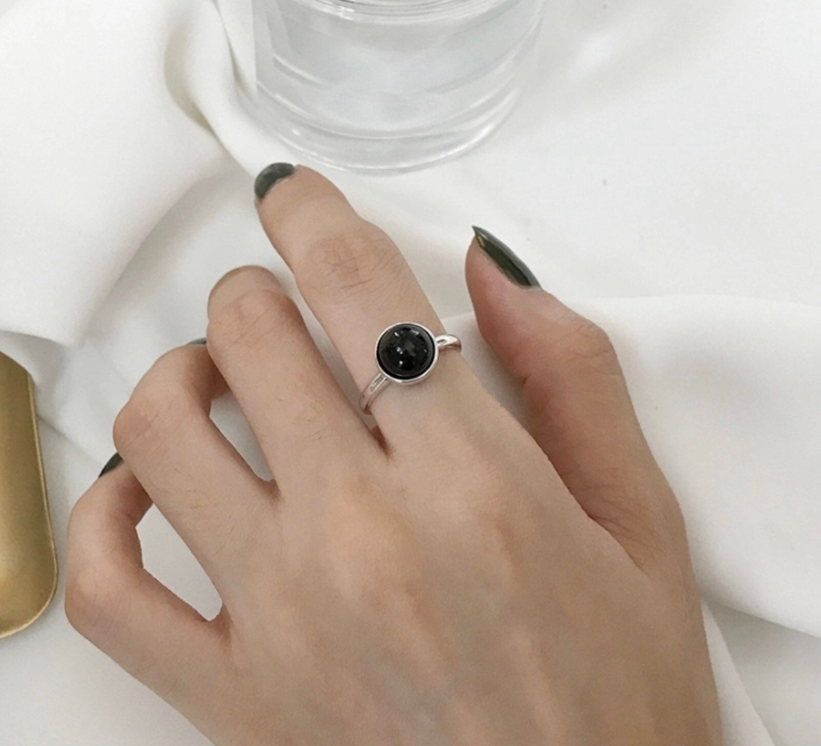 Black Agate Gemstone Ring Agate Sterling Silver Ring Etsy