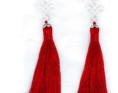 Long Tassel Clip On Earrings, Red Tassel shell clip ons, Blue Clip Earrings without piercing, Jewellery Gift