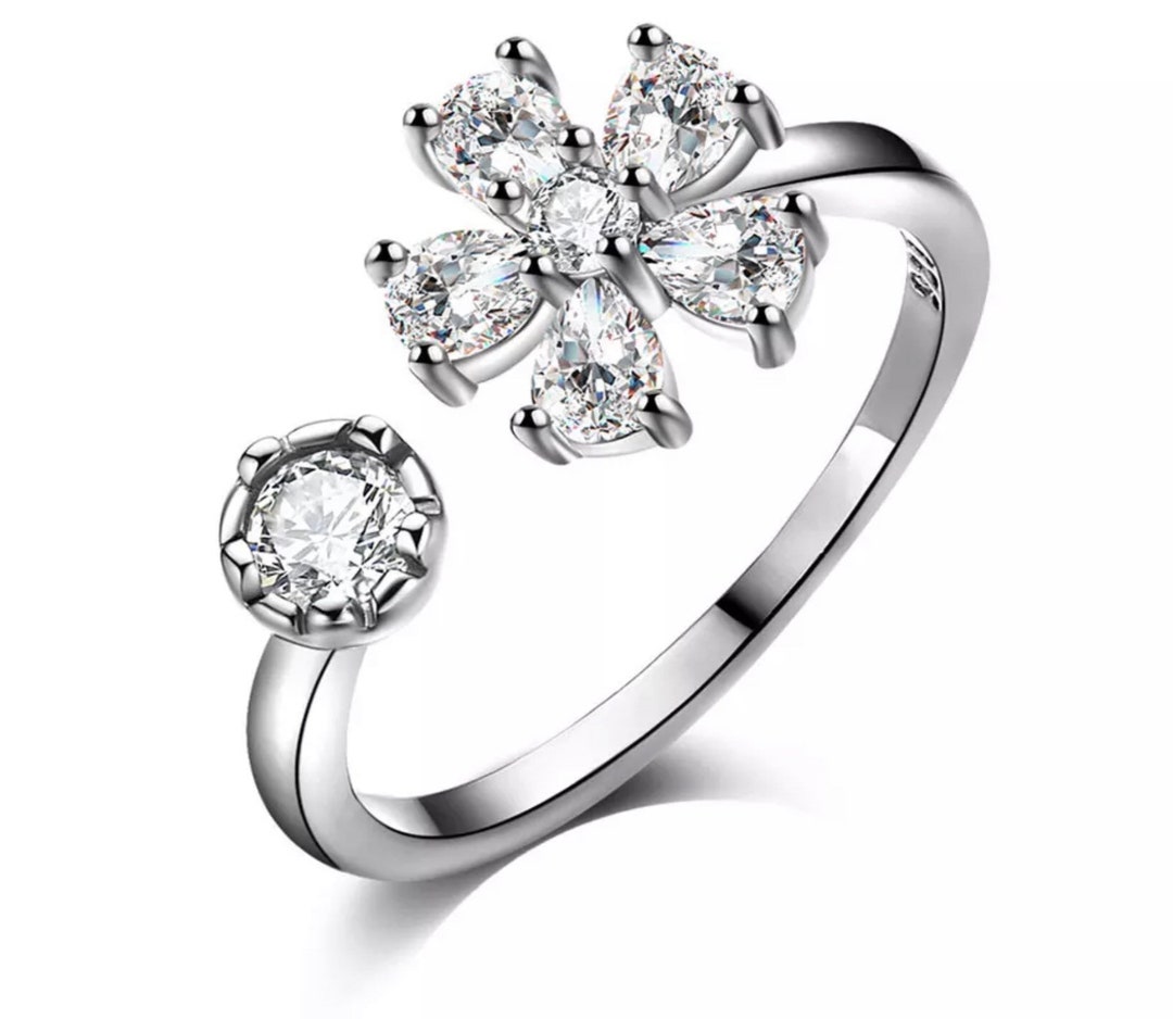 Crystal Flower Ring, Cubic Zirconia Flower Open Ring, Floral Ring