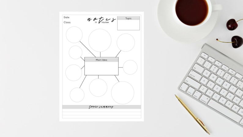 May include: A black and white mind map template with the words "notes in review" at the top. The template has a large rectangle in the centre labelled "Main Idea" and eight circles around it for brainstorming.