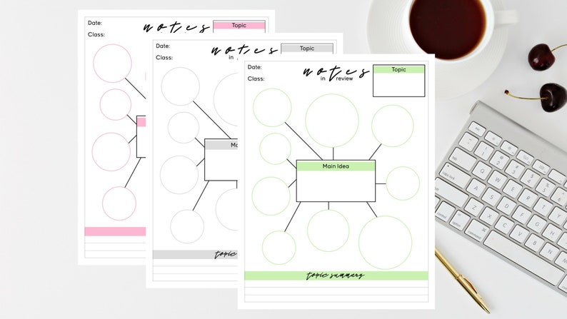 May include: Three printable note-taking templates with the word "notes" at the top of each page. The first page has a pink colour scheme, the second page has a grey colour scheme, and the third page has a green colour scheme. Each page has a circle in the centre with lines extending out to other circles. The circles are labelled with the words "Main Idea", "Topic", "Date", "Class", and "Topic Summary".