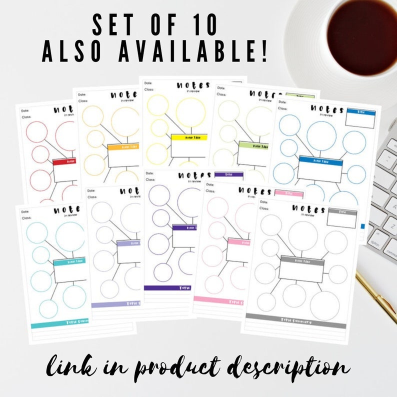 May include: Set of 10 printable note-taking templates in various colours. Each template features a large circle in the centre with smaller circles branching out. The text "SET OF 10 ALSO AVAILABLE!" is at the top of the image. The text "link in product description" is at the bottom of the image.