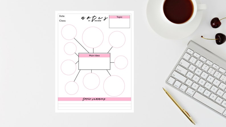 May include: A printable mind map template with pink and black accents. The template has a title area, a main idea box, and eight circles for brainstorming notes. The text "notes in review" is at the top of the page.