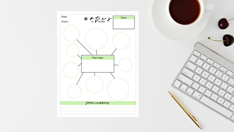 May include: A printable mind map template with a green background and black lines. The template has a large circle in the centre labelled "Main Idea" and seven smaller circles branching out from the centre circle. The template also includes a title box labelled "Topic" and a section labelled "Topic Summary".
