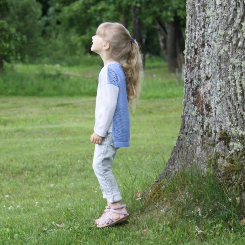 Lace knit summer jacket for children Cornflower blue knitted cardigan Summer blazer for girl 4-7 y.o