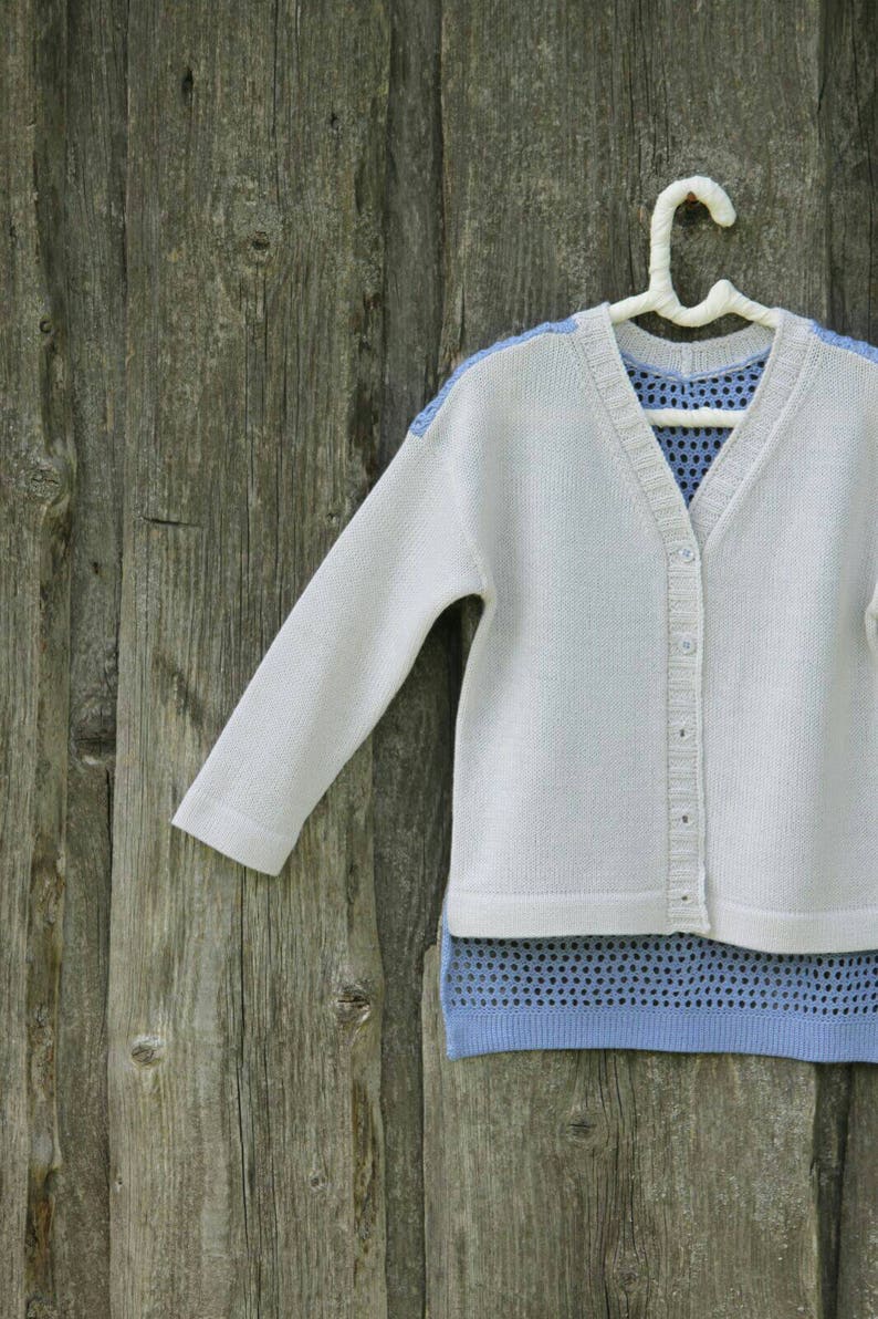 Lace knit summer jacket for children Cornflower blue knitted cardigan Summer blazer for girl 4-7 y.o