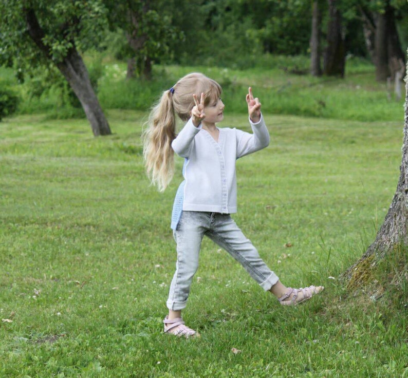 Lace knit summer jacket for children Cornflower blue knitted cardigan Summer blazer for girl 4-7 y.o