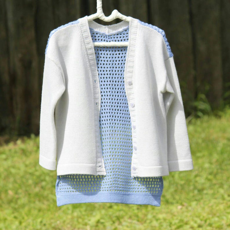 Lace knit summer jacket for children Cornflower blue knitted cardigan Summer blazer for girl 4-7 y.o