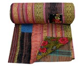 Vintage Handmade Kantha Quilt Brocade Silk Kantha Blanket Stripe Design Kantha Throw Handmade Old Sari Patchwork Hand Stitched Bedspread