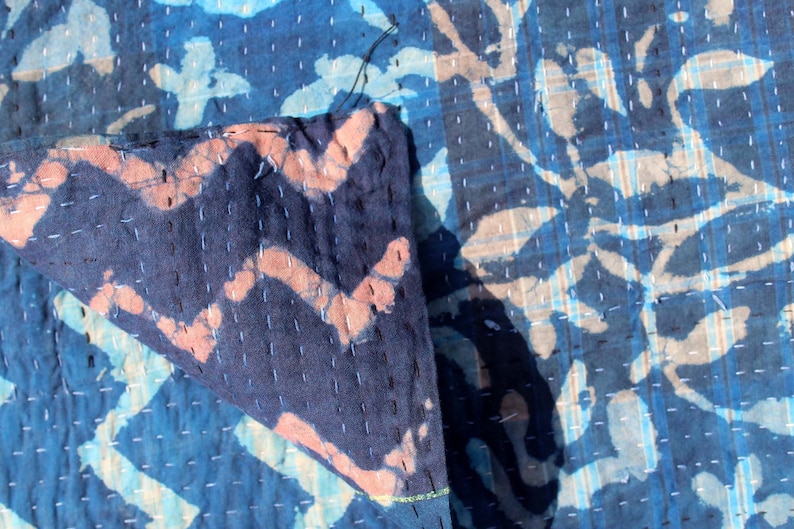 Twin Size Indigo Patchwork Kantha Quilt Natural Color Handmade Kantha Blanket Reversible Block Printed Kantha Throw Hand Stitched Bedspread