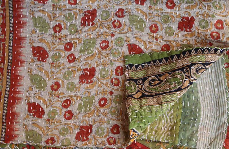 Handmade Cotton Kantha Quilt Queen Size Vintage Sari Patchwork Kantha Blanket Reversible Kantha Bedspread Hand Stitched Kantha Bedding Throw
