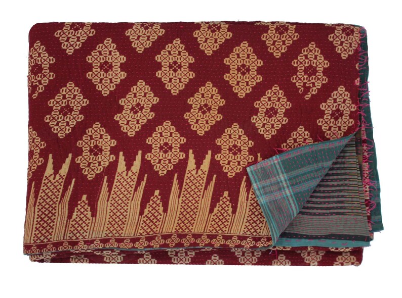 Indian Cotton Kantha Quilt Reversible Kantha Blanket Handmade Sari Kantha Throw Bohemian Bedspread Kantha Bed Cover