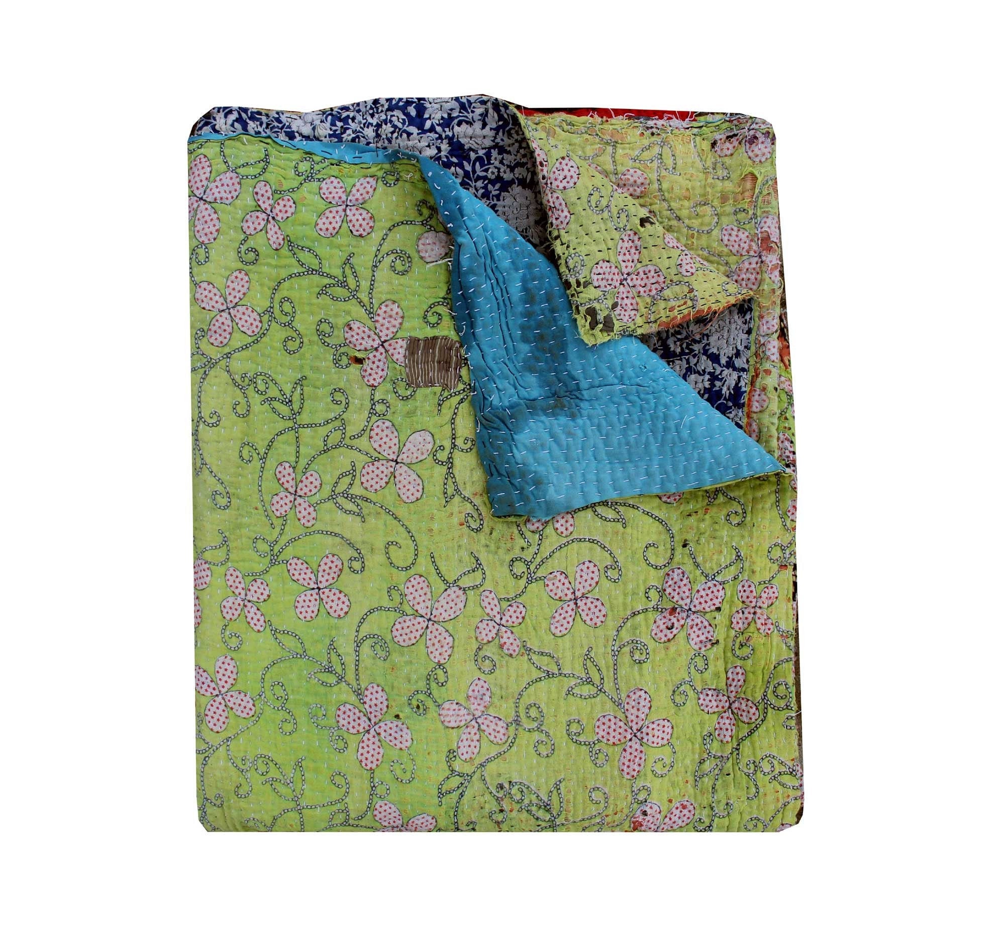Multi Floral Elegant Designs Indian Patch Work Cotton Kantha Quilt Queen Bedspreads Throw Blanket