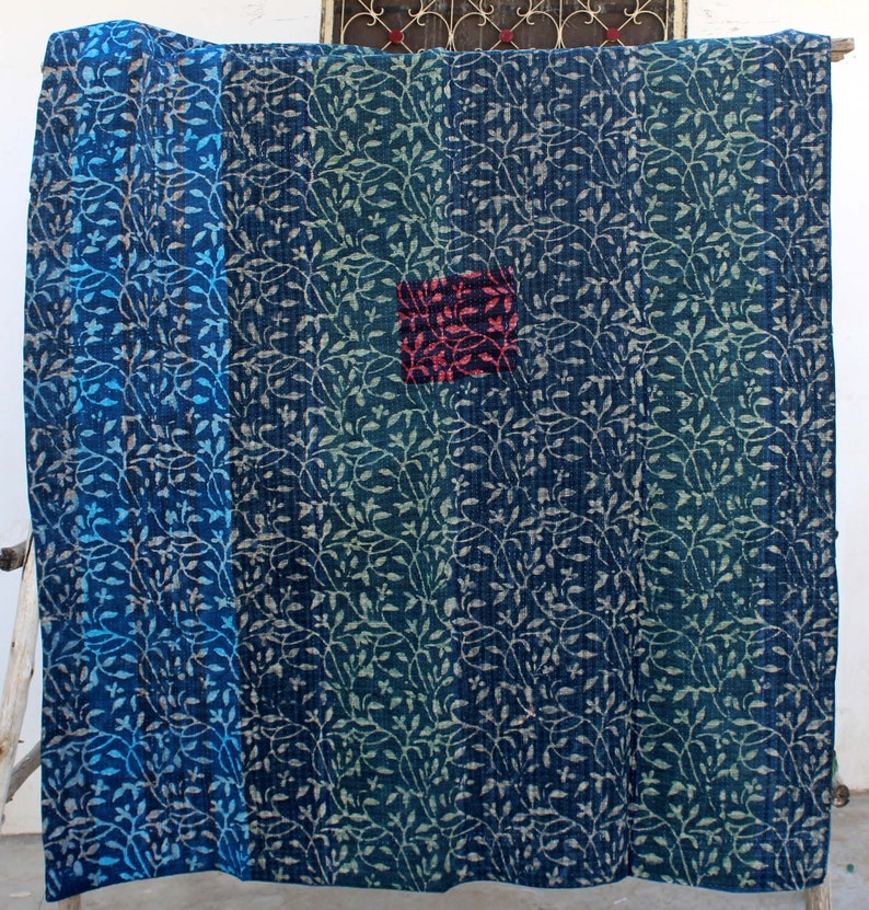 Twin Size Indigo Patchwork Kantha Quilt Natural Color Handmade Kantha Blanket Reversible Block Printed Kantha Throw Hand Stitched Bedspread