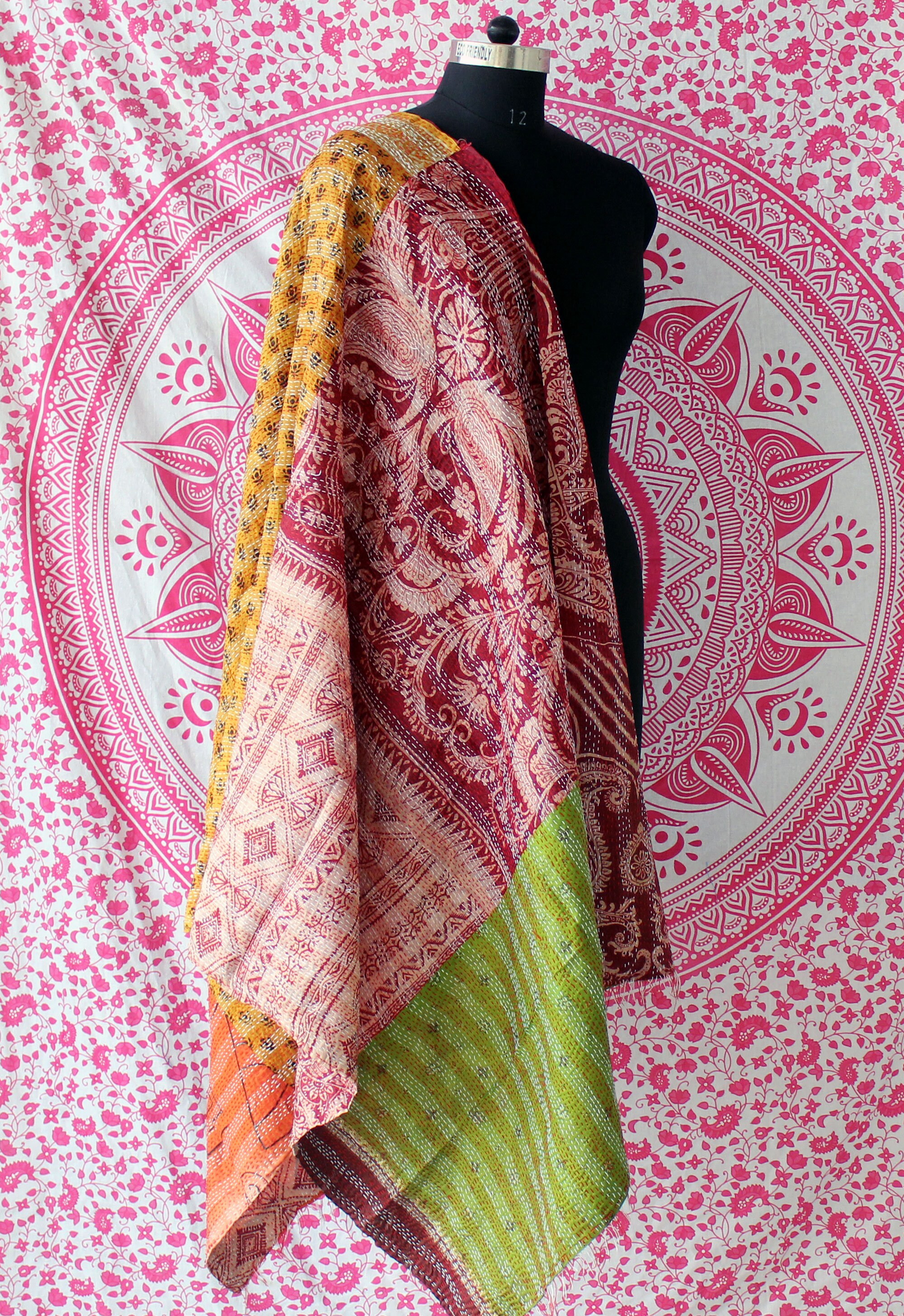 Indian Handmade Silk Sari Kantha Shawl Vintage Kantha Neck Etsy
