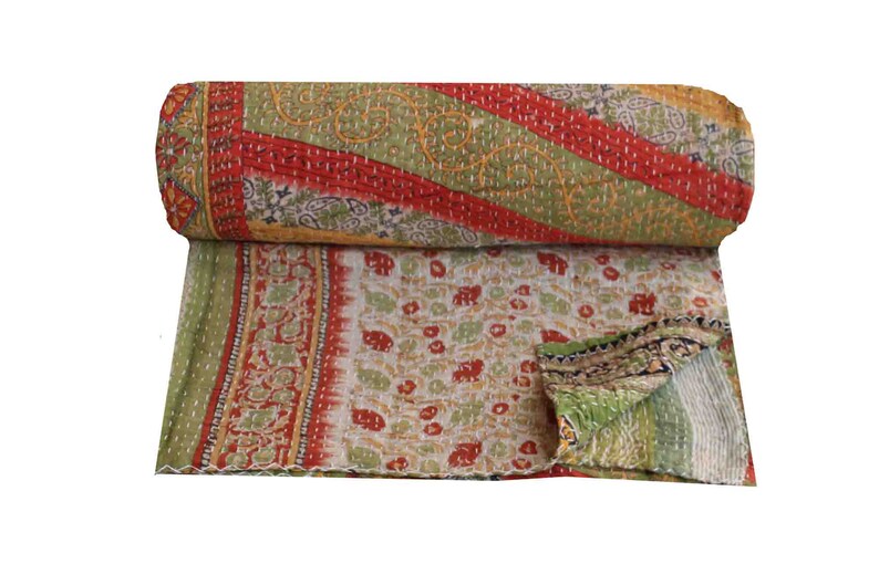 Handmade Cotton Kantha Quilt Queen Size Vintage Sari Patchwork Kantha Blanket Reversible Kantha Bedspread Hand Stitched Kantha Bedding Throw