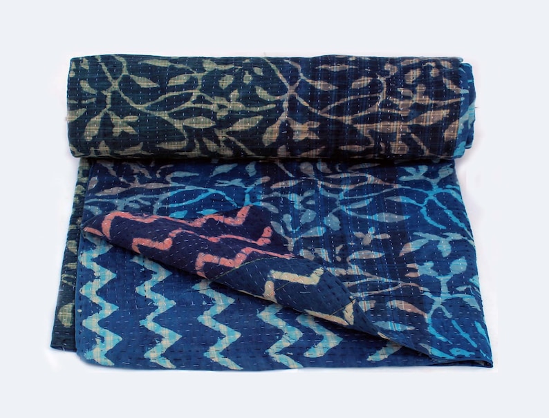 Twin Size Indigo Patchwork Kantha Quilt Natural Color Handmade Kantha Blanket Reversible Block Printed Kantha Throw Hand Stitched Bedspread