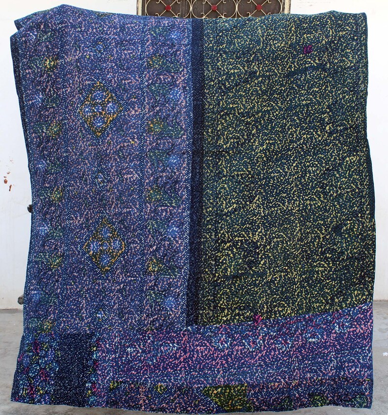 Indigo Blue Hand Block Dabu Print Cotton Kantha Bed Cover Bedspread Quilt Throw