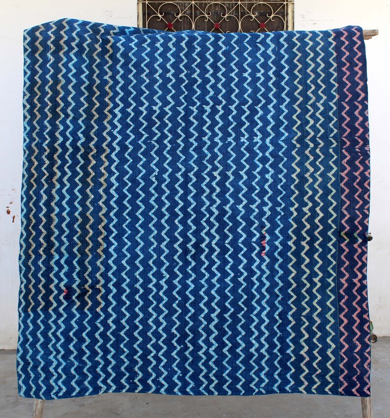 Twin Size Indigo Patchwork Kantha Quilt Natural Color Handmade Kantha Blanket Reversible Block Printed Kantha Throw Hand Stitched Bedspread