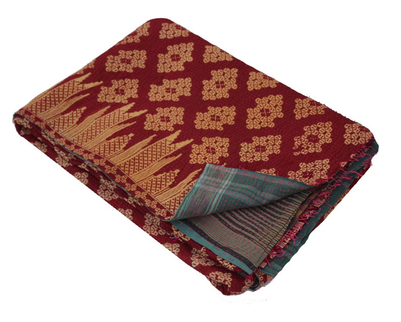 Indian Cotton Kantha Quilt Reversible Kantha Blanket Handmade Sari Kantha Throw Bohemian Bedspread Kantha Bed Cover