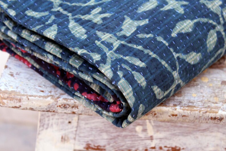 Twin Size Indigo Patchwork Kantha Quilt Natural Color Handmade Kantha Blanket Reversible Block Printed Kantha Throw Hand Stitched Bedspread