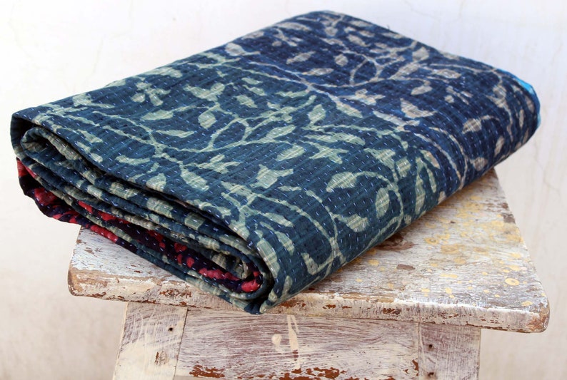 Twin Size Indigo Patchwork Kantha Quilt Natural Color Handmade Kantha Blanket Reversible Block Printed Kantha Throw Hand Stitched Bedspread