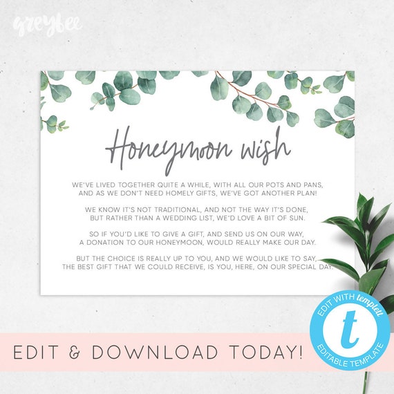 Printable Honeymoon Wish Card Wedding Fund Money Poem Etsy