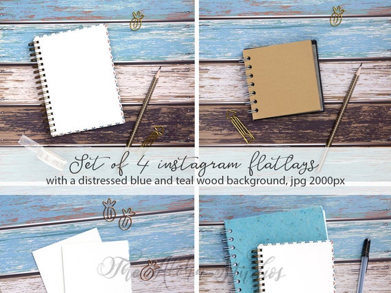 4 Flatlay Mockups Distressed Teal Wood Instagram Backgrounds