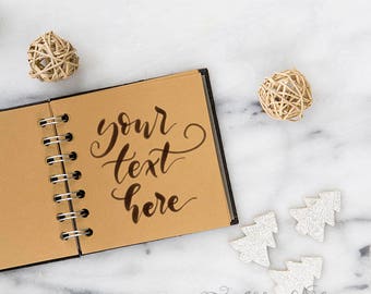 Download Free Christmas mockup / Kraftpaper journal flatlay / Instagram styled photo / marble mockup / desktop mockup with silver ornaments PSD Template