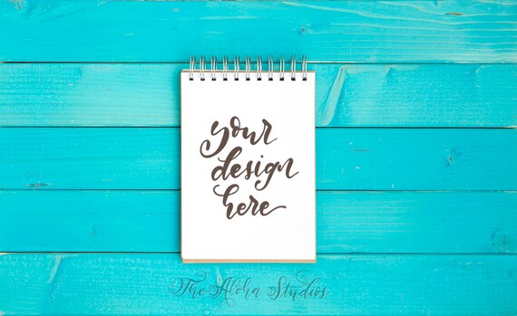 Turquoise Wood Background With Spiral Notebook 2 Sizes