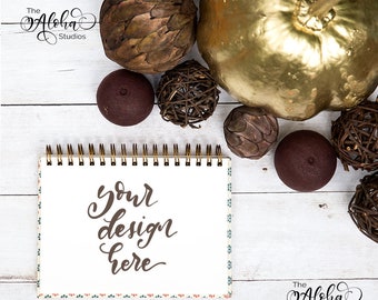 White journal and golden pumpkin flatlay / Spiral journal instagram mockup / Square Autumn themed background for digital lettering