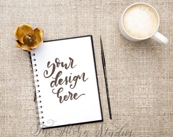 Woodrose and coffee flatlay / Spiral journal on jute background / Rustic desktop mockup / Digital lettering background with latte mug