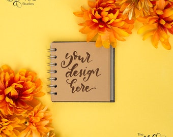 Kraft paper flatlay with orange flowers / Square yellow Instagram mockup / Autumn fall themed lettering background