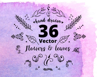 36 handdrawn floral vectors | leaves and ornaments | flourishes doodles clip-art | BONUS watercolor clipart png | AI, eps, PNG transparent