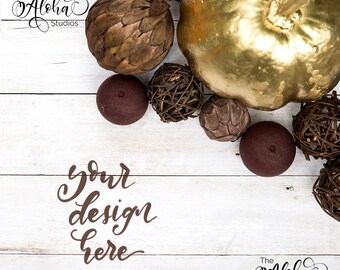 Golden pumpkin on white rustic wood flatlay / Halloween instagram mockup / Square lettering mockup / Autumn fall colors