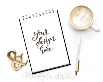 White mockup with golden ampersand and coffee mug / clean desktop mockup spiral journal / instagram journal flatlay / 2000px jpg