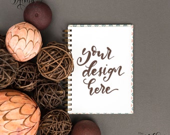 Spiral journal flatlay Autumn colors / Square Instagram lettering background / Brown and orange mockup with spiral book / Halloween