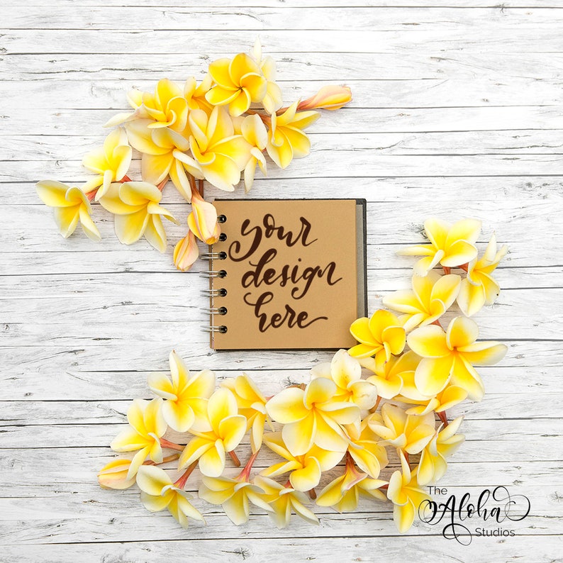 Kraftpaper journal flatlay with yellow plumeria flowers / Frangipani mockup / Tropical background for digital lettering / Instagram flatlay image 1