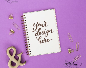 Purple flatlay with white journal / Golden ampersand background for Instagram / Square mockup Halloween