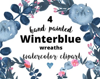 4 Watercolor clipart floral wreaths | navy Payne's gray pink peach wedding invitations | Winterblue png transparent & jpg | handpainted | pr