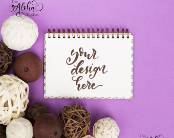 Instagram flatlay for Lettering / White spiral journal on purple background / Purple mockup