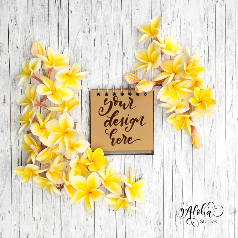 Kraftpaper journal flatlay with yellow plumeria flowers / Frangipani mockup / Tropical background for digital lettering / Instagram flatlay image 2