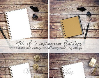 4 journal desktop flatlays / Set of 4 instagram backgrounds / vintage distressed wood mockup / office journal lettering styled photo