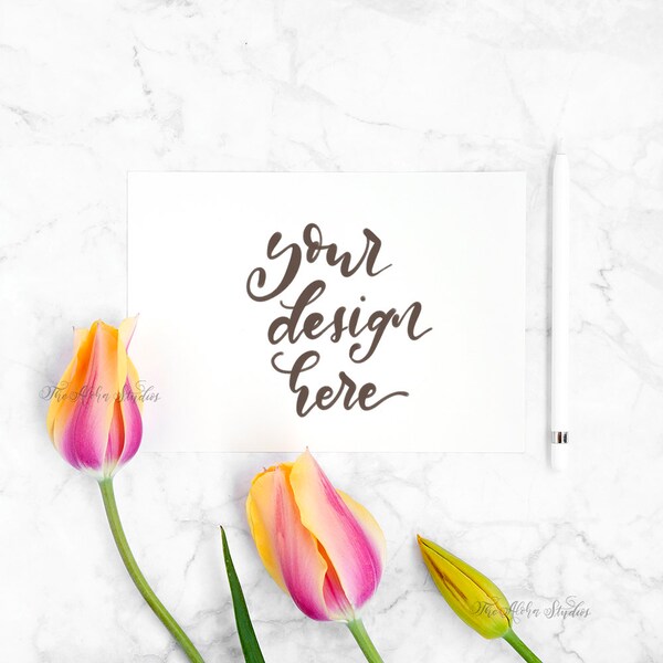 Tulip flatlay with apple pencil / Marble background / Spring styled photo for instagram / white paper / digital procreat lettering