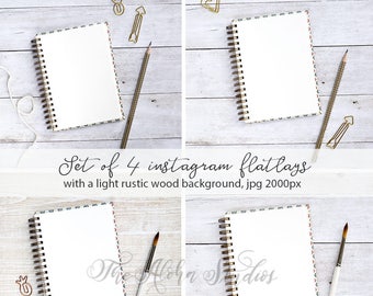 Set of 4 instagram flatlays / Light rustic wood background journal mockups / square 2000px jpg styled photos for digital handlettering