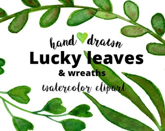 22 Green watercolor clipart | leaves & wreaths | Lucky wedding invitation | png | handpainted watercolour| printable | digital download