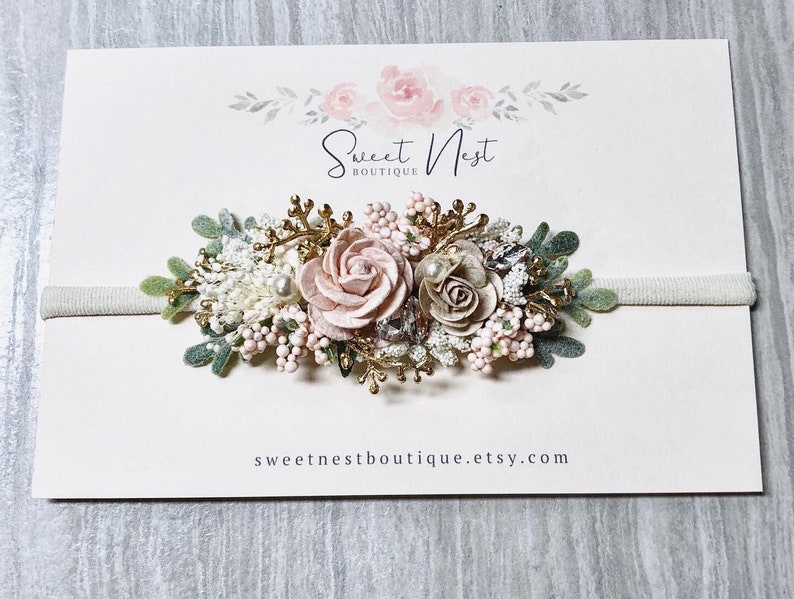 hair clip newborn dainty headband Blush and gold headband baby hair accessories elegant pearl crystal rhinestone flower girl head piece