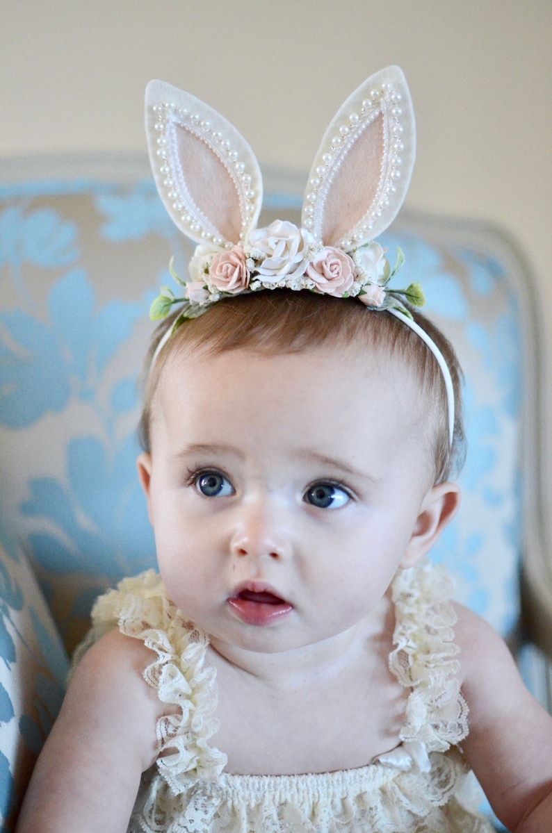 first birthday girl easter headband baby headband,lace bunny ears,newborn headband,flower crown animal ears headband bunny ears headband
